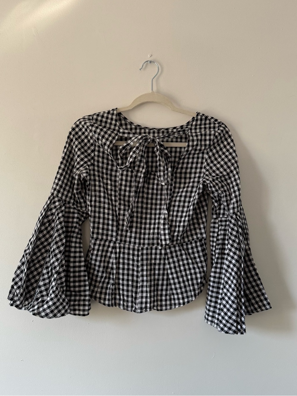Nanette Lepore Black White Gingham Bell Sleeve Tie Top XS | Cottagecore Romantic